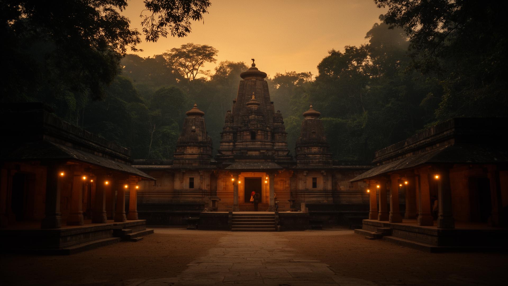 Ashram and temple at dusk