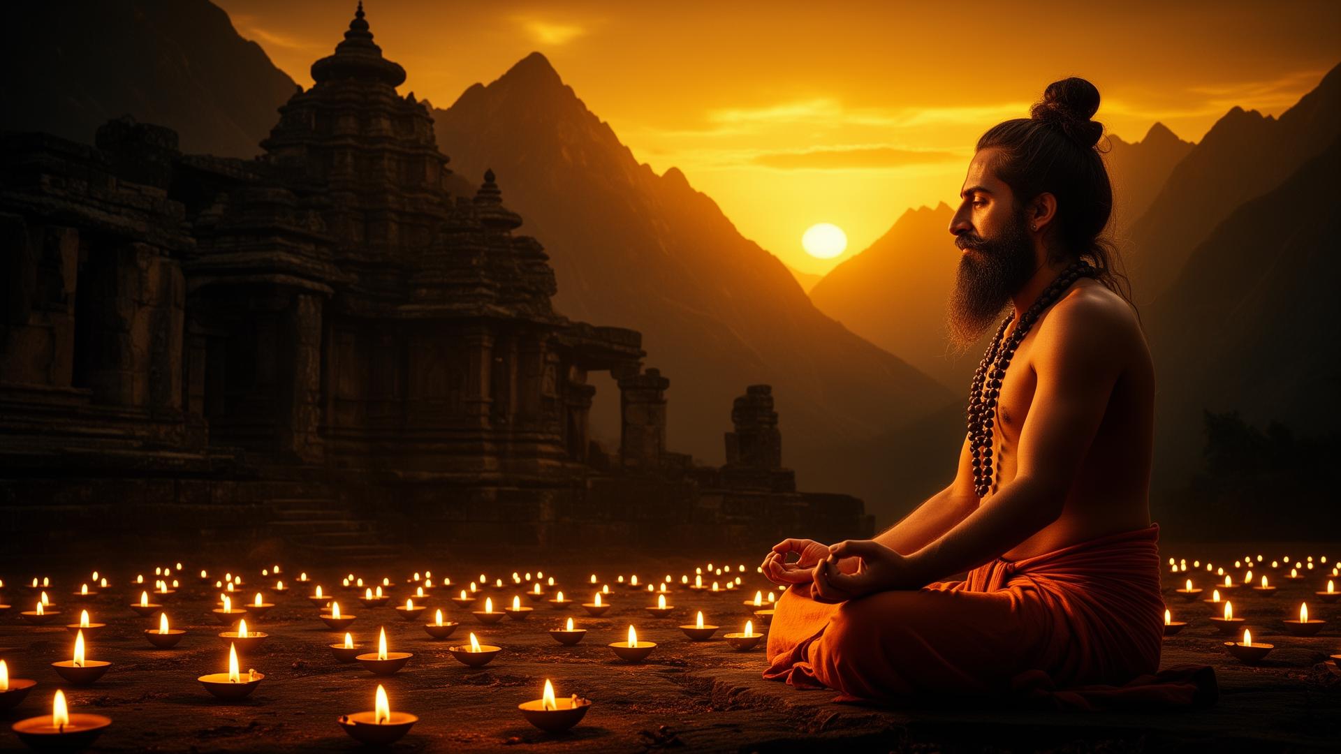 Tantra master meditating at sunset